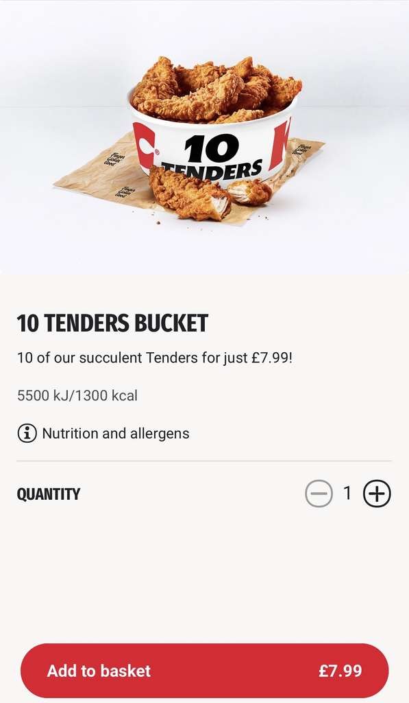 10 Chicken Tenders Bucket, Collection Only Via App