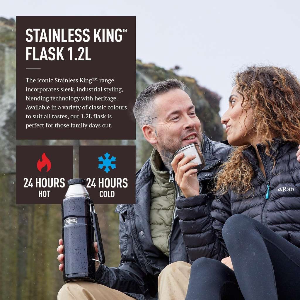 Thermos Stainless King 1.2L travel flask, matt black. Proper leak proof, insulated with a cup