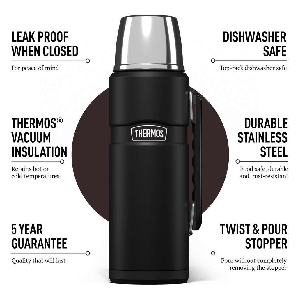 Thermos Stainless King 1.2L travel flask, matt black. Proper leak proof, insulated with a cup