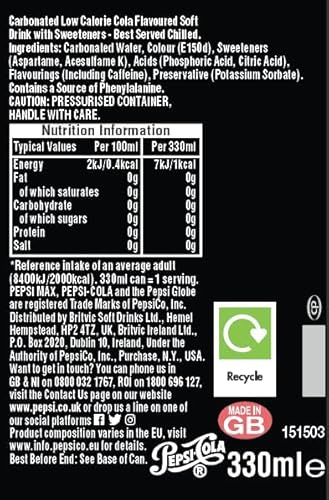 Pepsi Max No Sugar Cola Cans 24 x 330ml