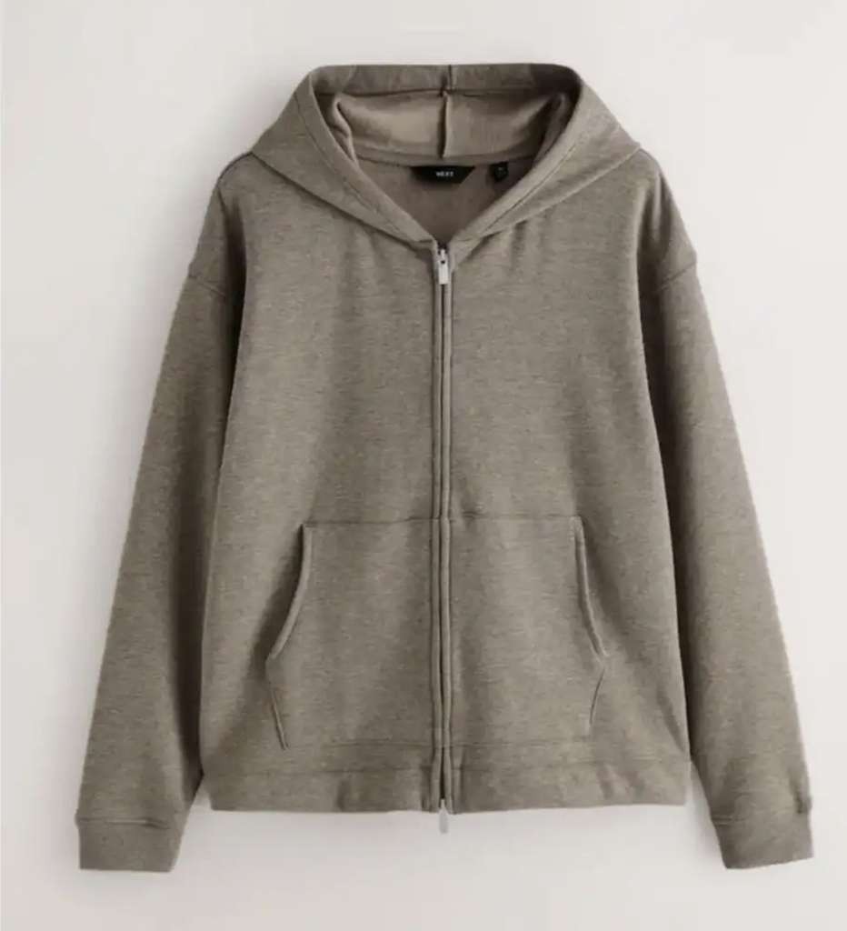Next Men's Stone Neutral Velour Lined Zip Through Hoodie, Sizes S to 2XL, Free C&C