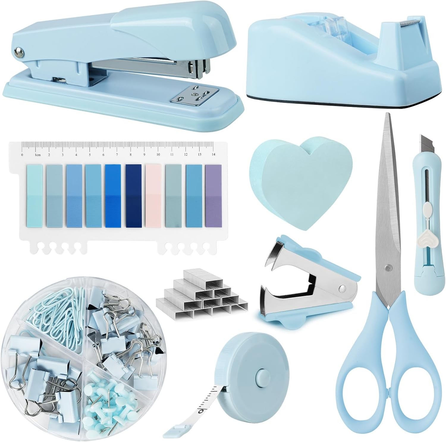 OFFCUP Desk Accessories Set, Office Supplies Kit, Stapler, Tape Dispenser, Staple Remover, Staples, Clips, Scissor, Box Cutter, Tape Measure, Sticky Notes, Blue