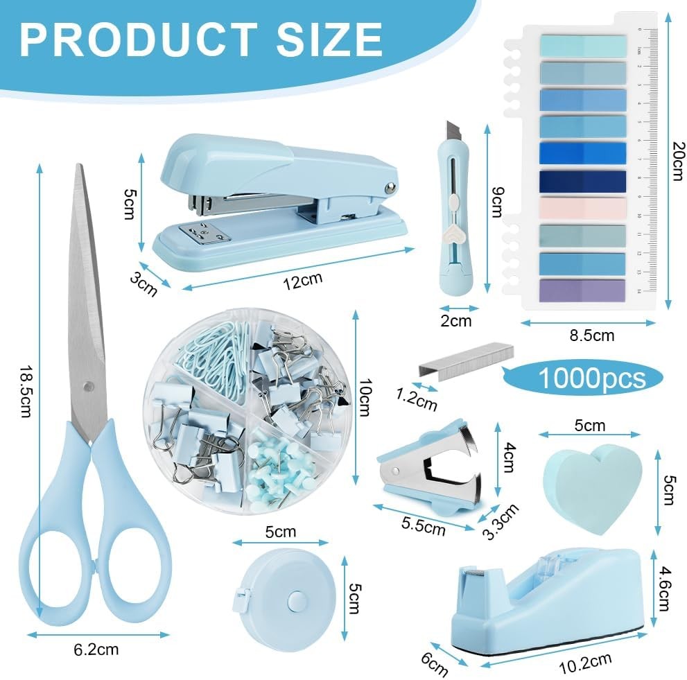 OFFCUP Desk Accessories Set, Office Supplies Kit, Stapler, Tape Dispenser, Staple Remover, Staples, Clips, Scissor, Box Cutter, Tape Measure, Sticky Notes, Blue