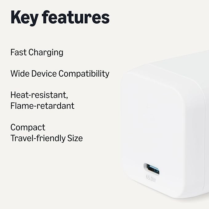 Amazon Basics Fast Charging USB C Nano GaN Wall Charger, 65W 1-Port PD 3.1 for Laptops, Tablets, Phones, White