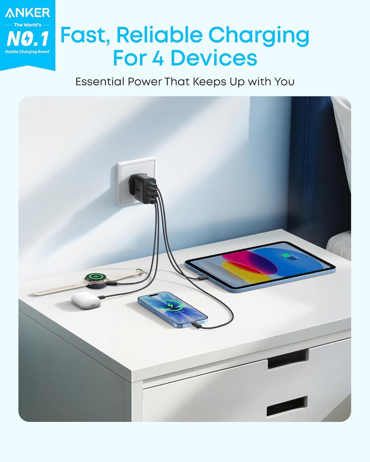 Anker Zolo 50W USB C Plug, 4-Port USB C Charger with 2 USB-C & 2 USB-A
