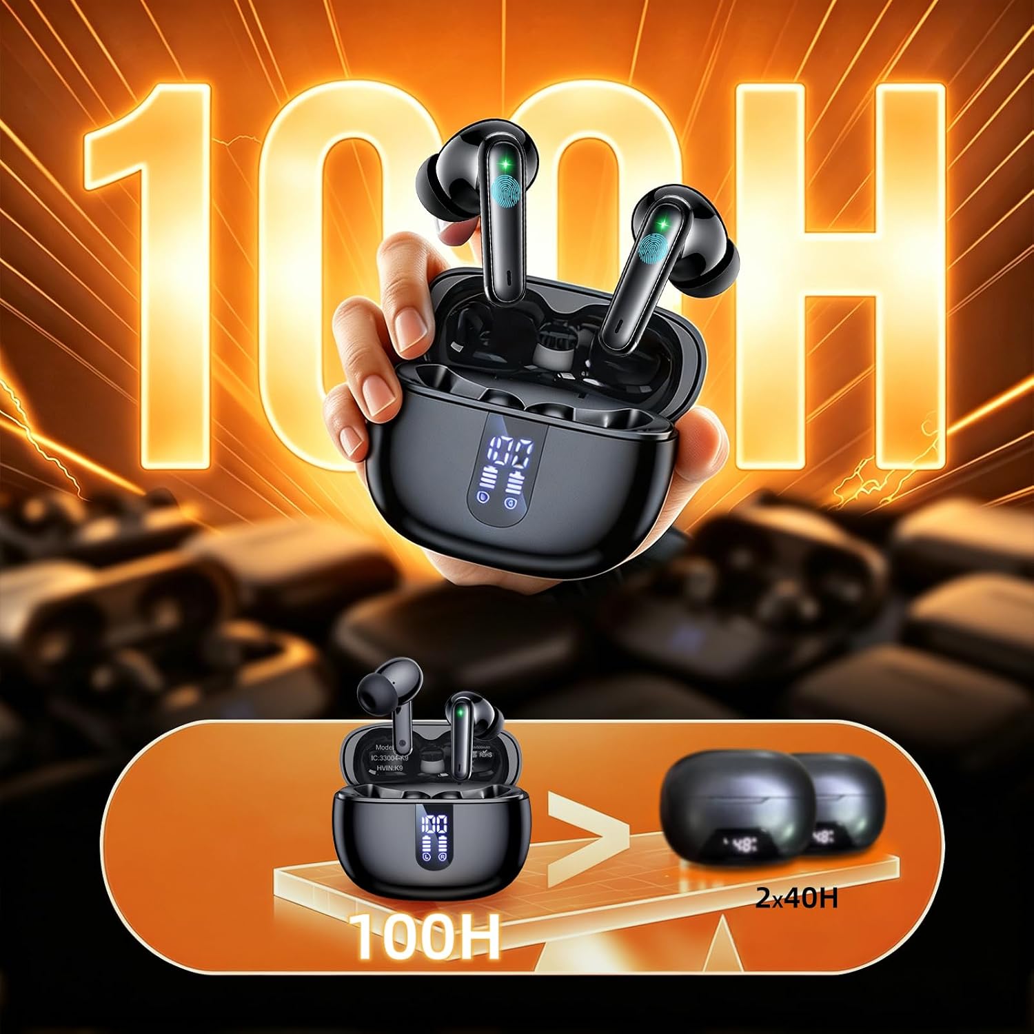 100H Bluetooth 6.0 Wireless Earbuds, Ear Buds 14.2mm Drivers with Big Bass Earphones, Air Pro 4 3 with ENC Noise Cancellation, 3g Lite In Ear Headphones, IP7 Ear Buds for iPhone Samsung Google Android