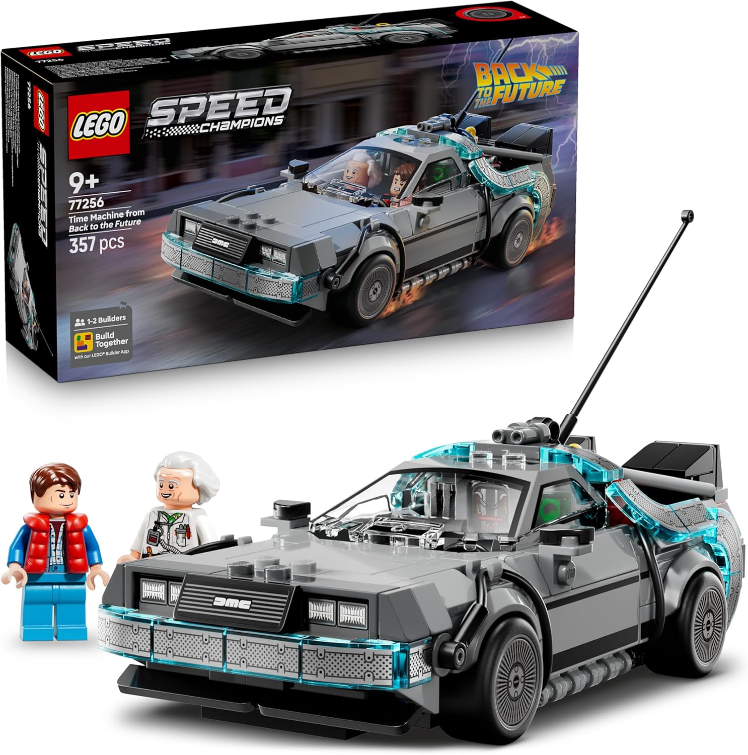 LEGO Speed Champions Time Machine from Back to the Future Toy - Car Model Kit w/Doc Brown & Marty McFly Minifigures - Gift for 9+ Year Old Boys, Girls & Movie Fans - 77256