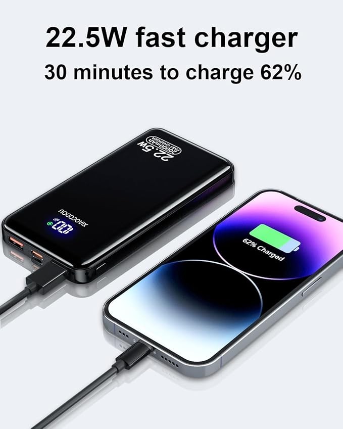 Power Bank 20000mAh, PD3.0 QC4.0 22.5W Fast Charging PD20W USB C Power Bank Portable Charger With LCD Display Compatible with iPhone 17 16 15 14 13 Android