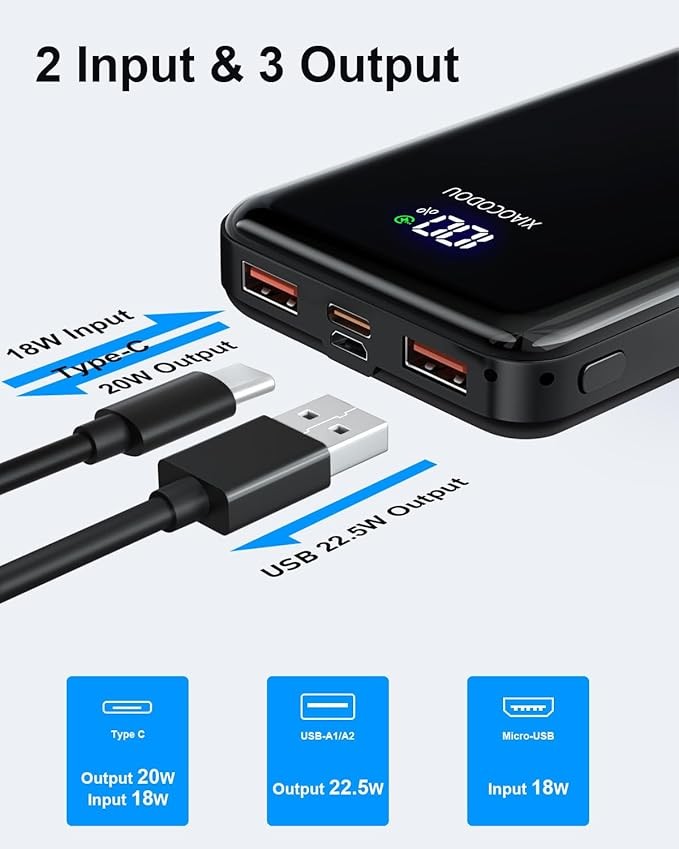 Power Bank 20000mAh, PD3.0 QC4.0 22.5W Fast Charging PD20W USB C Power Bank Portable Charger With LCD Display Compatible with iPhone 17 16 15 14 13 Android