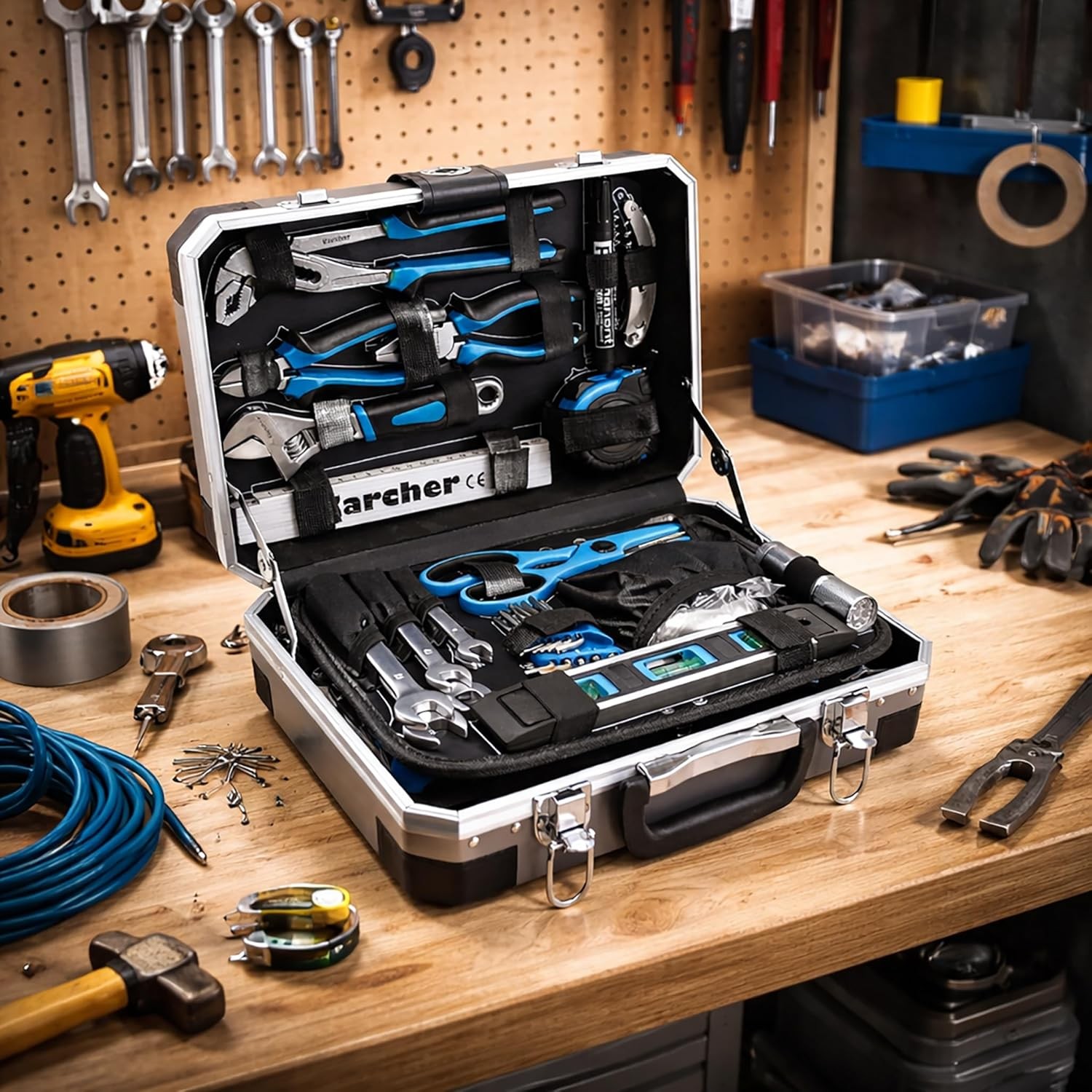 Karcher 114 Piece Tool Set, Chrome Vanadium & Carbon Steel, Hammer, Screwdriver, Socket Wrench, Bit Set, Tool Box