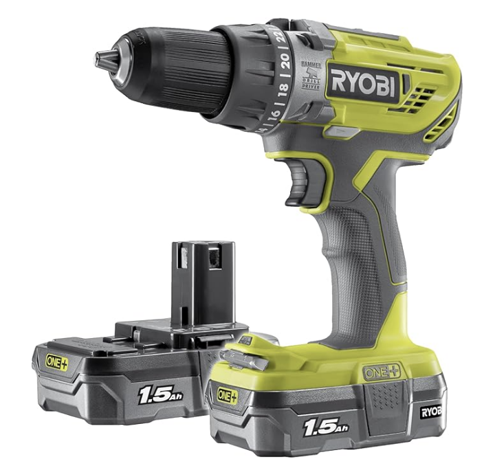 RYOBI 18 V ONE plus Cordless Combi Drill Starter Kit, With 2 x 1.5 Ah Batteries