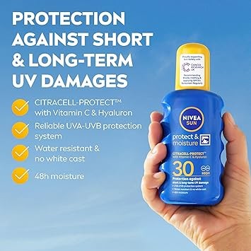 Nivea Sun Protect & Moisture Sun Spray SPF 30, 200ml, Moisturising Suncream Spray, UVA + UVB Protection, Fast-Absorbing No White Cast Formula