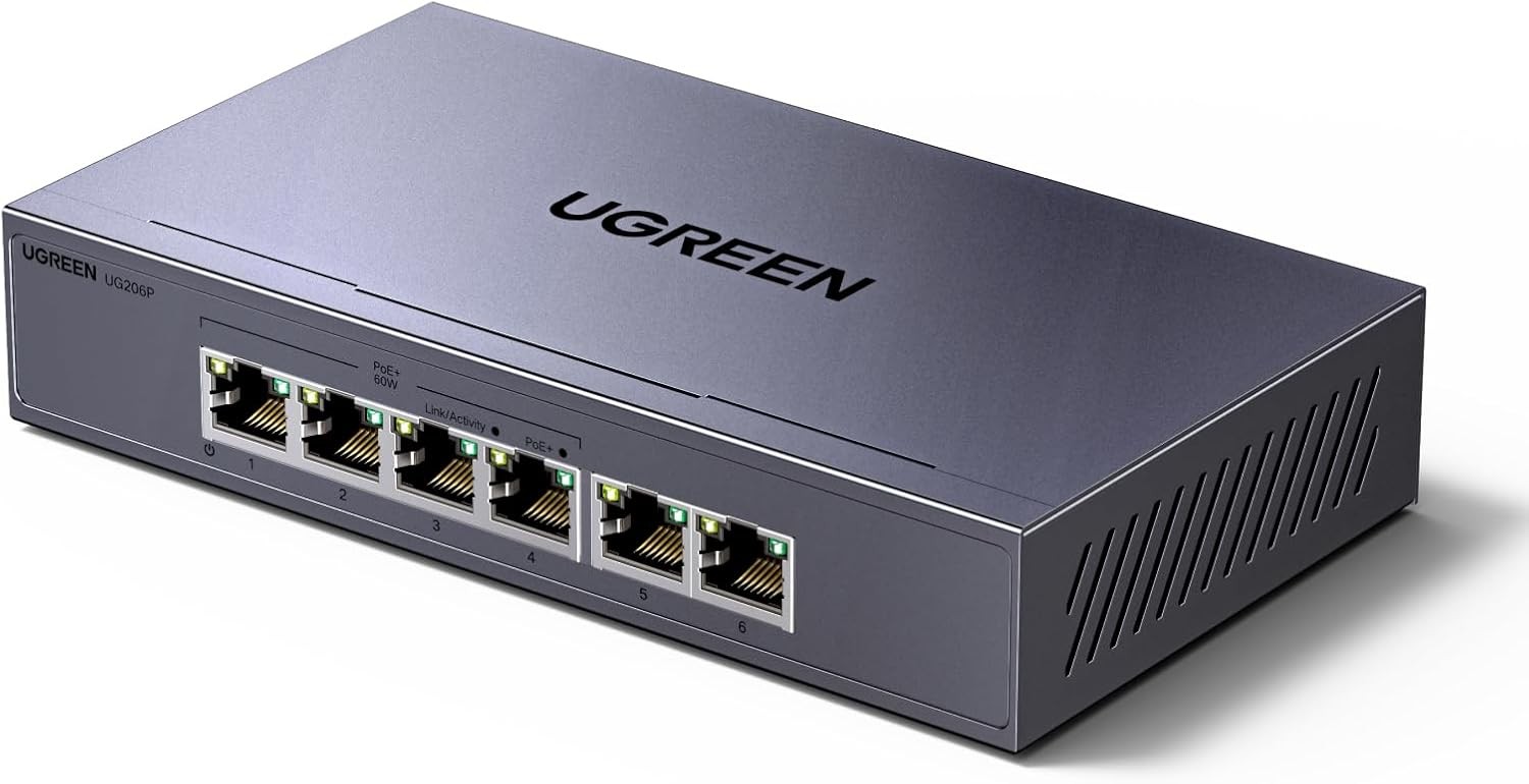 UGREEN POE Switch 6 Port Gigabit Network Switch, 4 PoE+ Ports and 2 Gigabit Ports