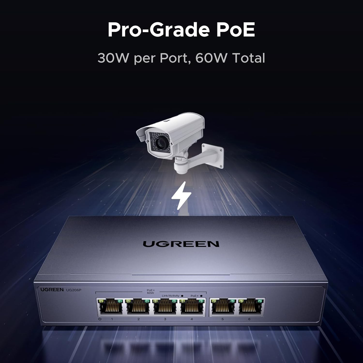 UGREEN POE Switch 6 Port Gigabit Network Switch, 4 PoE+ Ports and 2 Gigabit Ports