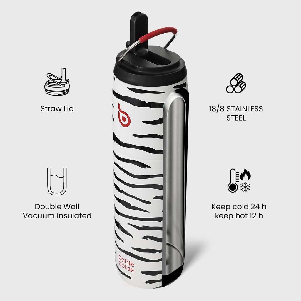 Bottle Bottle Stainless Steel Water Bottle with Straw and Lid, 32oz (846ml) Zebra