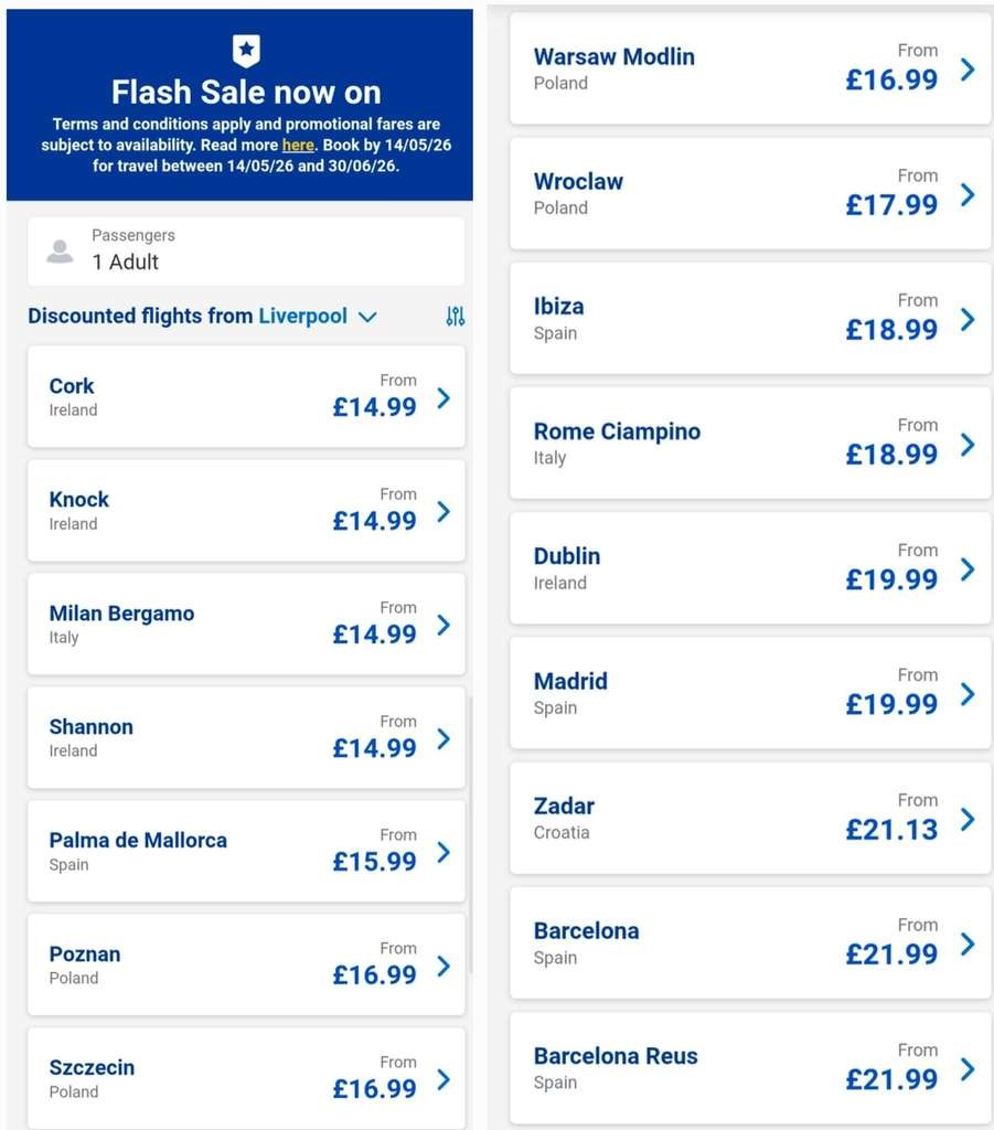 Liverpool direct flights to Italy, Ireland, Poland, Spain, Croatia, £14.99 one-way, May/June 2026