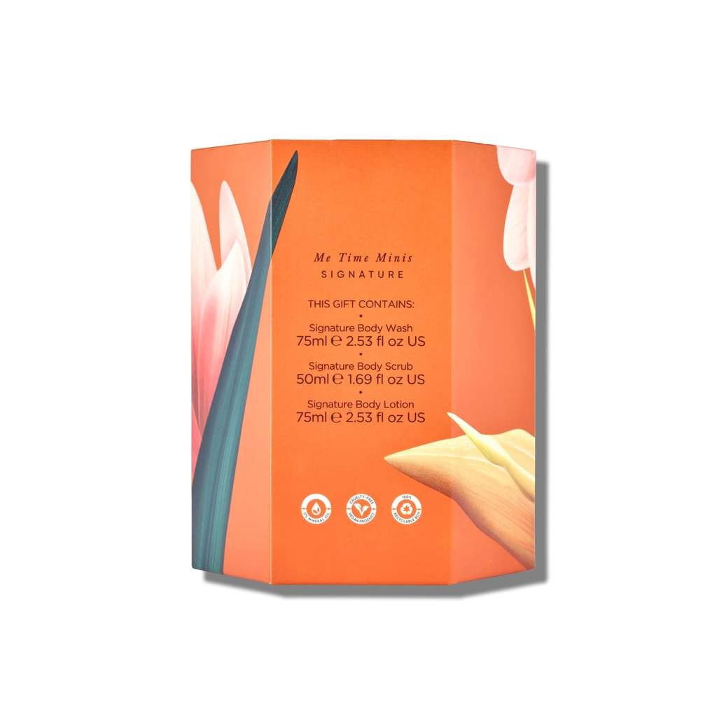 Sanctuary Spa Me Time Minis Gift Set, has body scrub 50ml, wash 75ml & lotion 75ml