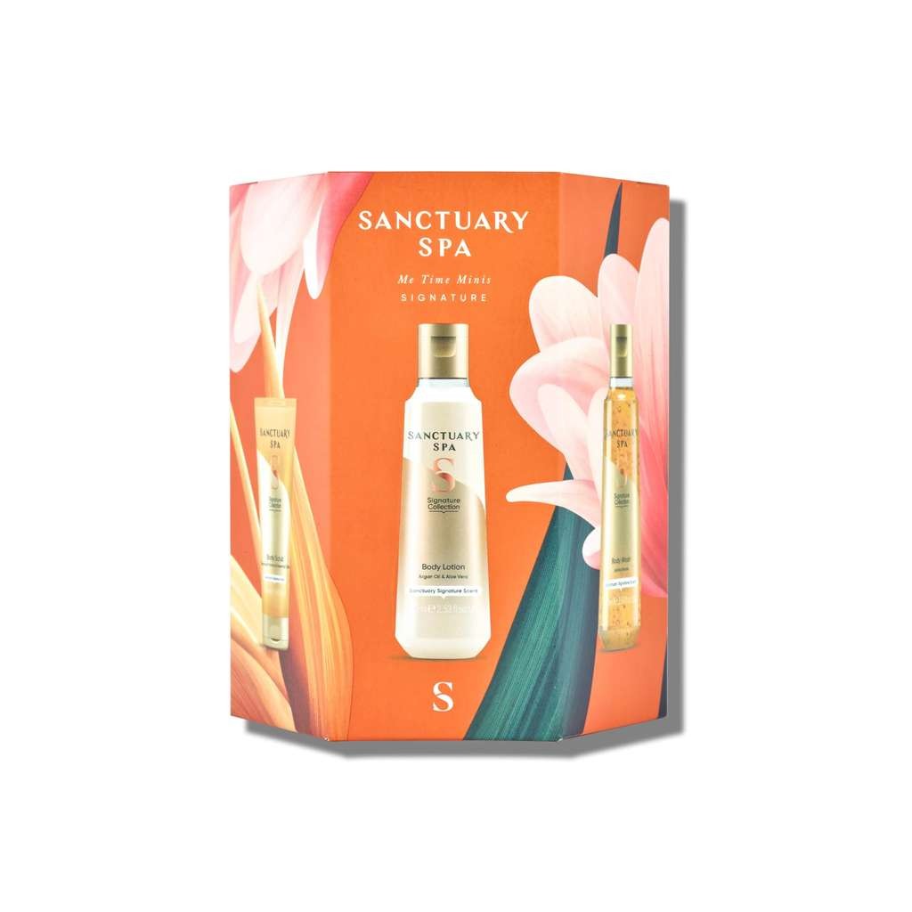 Sanctuary Spa Me Time Minis Gift Set, has body scrub 50ml, wash 75ml & lotion 75ml