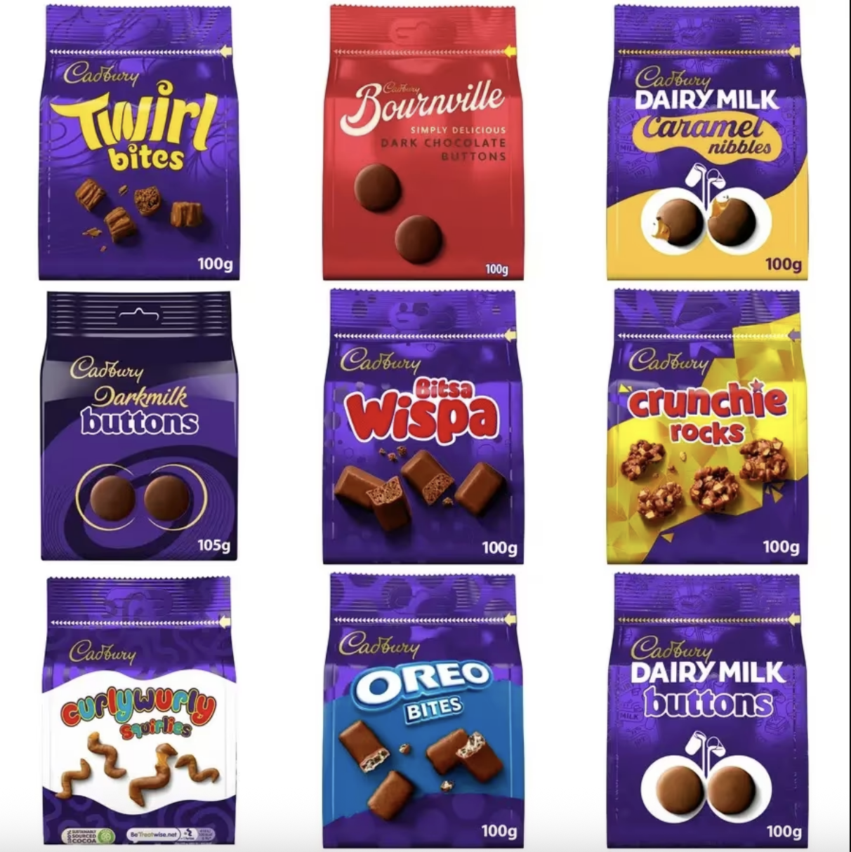Cadbury Chocolate Pouches 100g (e.g Buttons / Twirl Bites / Bournville Buttons / Wispa Bites / Crunchie Rocks) | Nectar Price