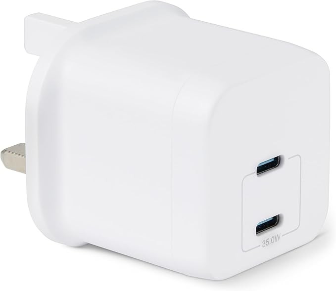 Amazon Basics Fast Charging USB C Nano GaN Wall Charger, 35W 2-Port for Tablets Phones, White