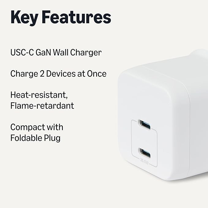 Amazon Basics Fast Charging USB C Nano GaN Wall Charger, 35W 2-Port for Tablets Phones, White