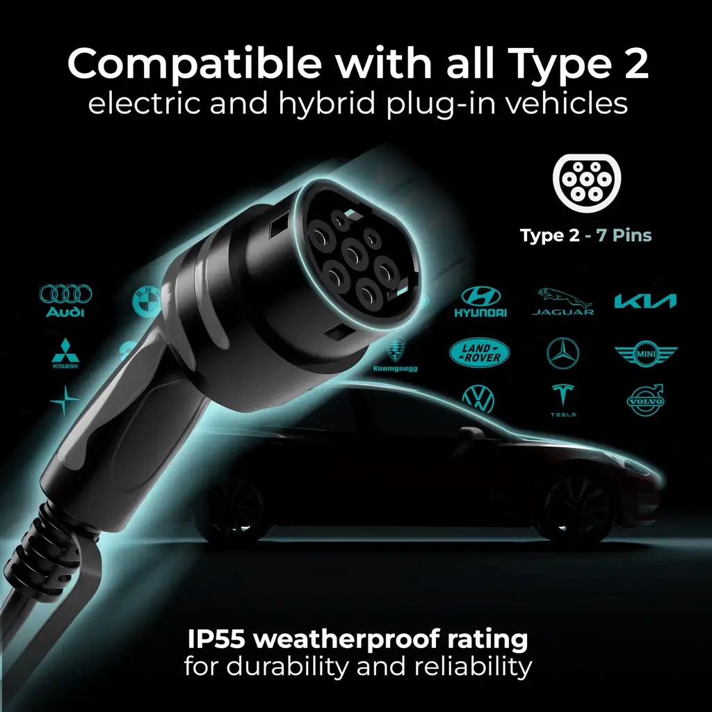 Masterplug Smart EV Home Wall Charger for Type 2 Electric and Plug-In Hybrid Vehicles with 5m Cable, Black