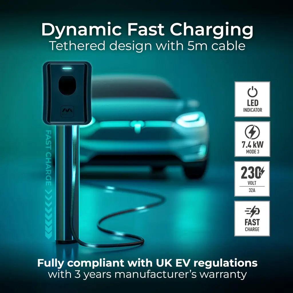 Masterplug Smart EV Home Wall Charger for Type 2 Electric and Plug-In Hybrid Vehicles with 5m Cable, Black