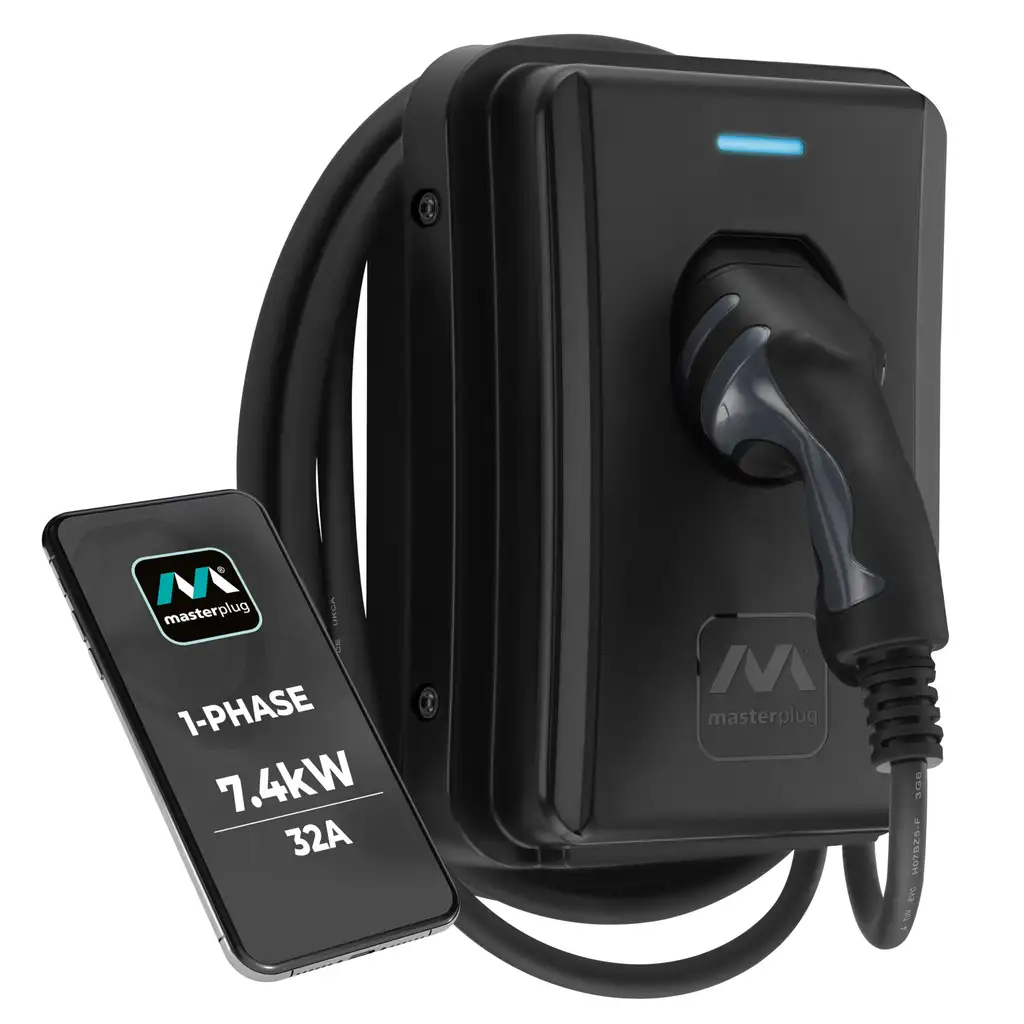Masterplug Smart EV Home Wall Charger for Type 2 Electric and Plug-In Hybrid Vehicles with 5m Cable, Black