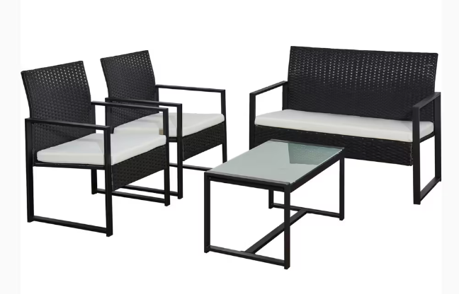 4 Seater Steel and Rattan KD Sofa Set - Black - Free C&C only