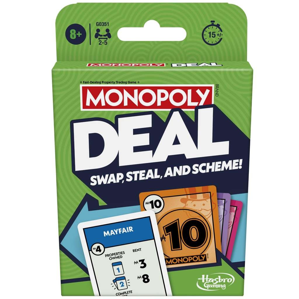 Monopoly Deal card game by Hasbro, great for families, 2-5 players, ages 8+