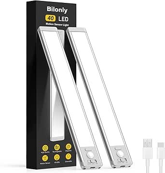 Bilonly Under Cabinet Kitchen Lights, 40 LED Rechargeable Motion Sensor Lights Indoor, Magnetic Dimmable Under Cupboard Lights, Wireless LED Strip Light for Kitchen, Stairs, Wardrobe, Hallway, 2 Pack