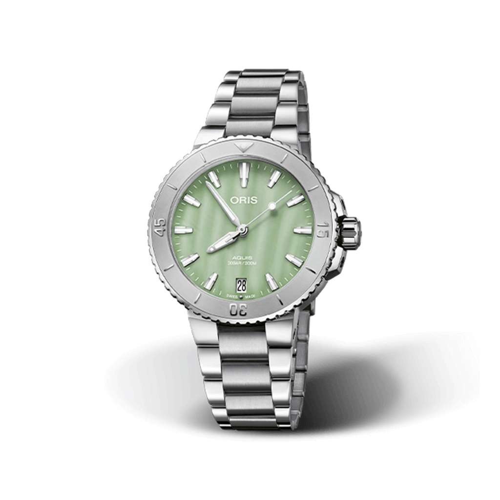 Oris Aquis Date Auto 36.5mm, green MOP, unisex. Ref: 01 733 7770 4157-07 8 18 05P