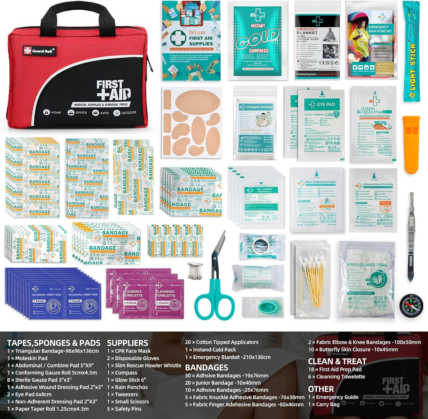 General Medi 160 Piece Premium First Aid Kit Bag - Includes Cold (Ice) Pack, Emergency Blanket for Travel, Home, Office, Car, Camping, Workplace (Red)