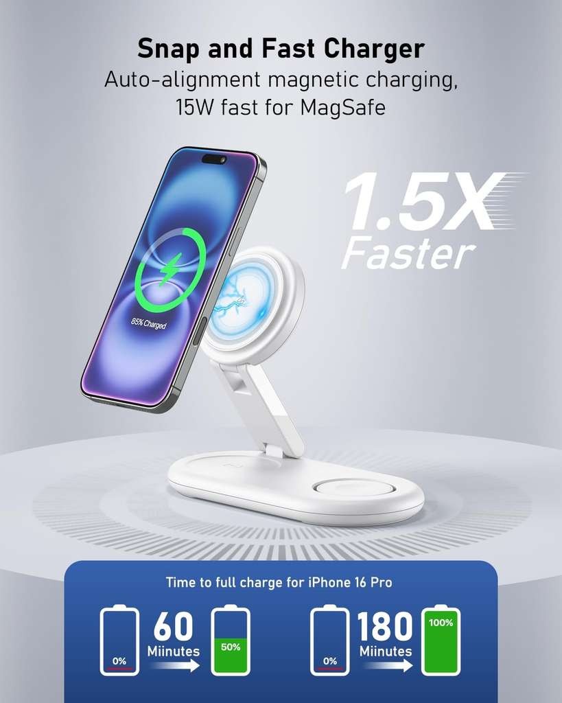 AOWIN 3-in-1 Wireless Charging Station, 1.5m Cable, 20W Brick (Black/White) w/Voucher