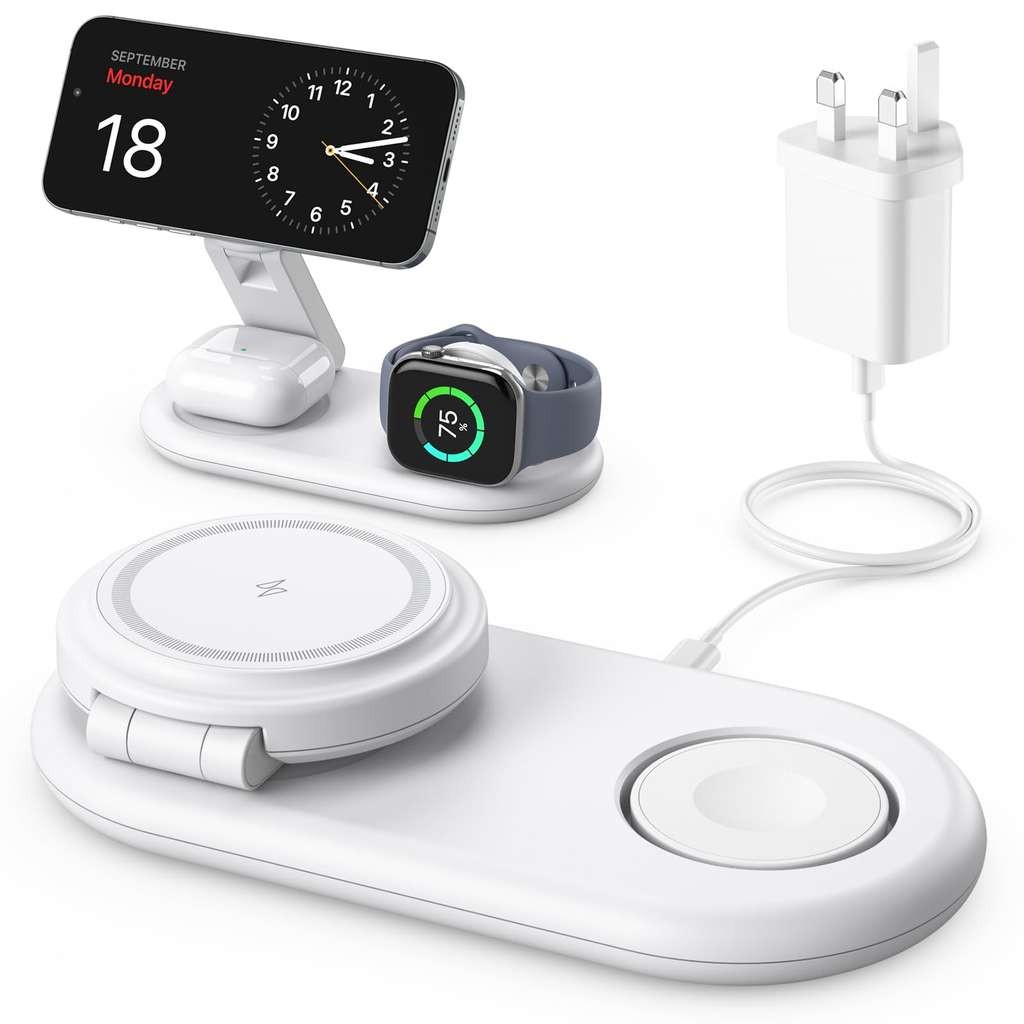 AOWIN 3-in-1 Wireless Charging Station, 1.5m Cable, 20W Brick (Black/White) w/Voucher