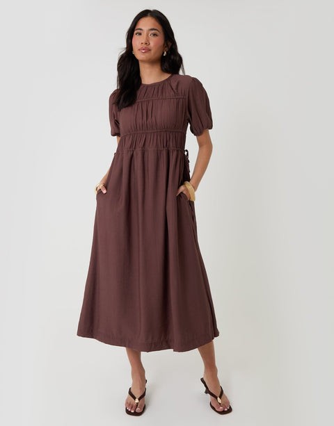 Ruched Drawstring Puff Sleeve Midi Dress in Chocolate Brown