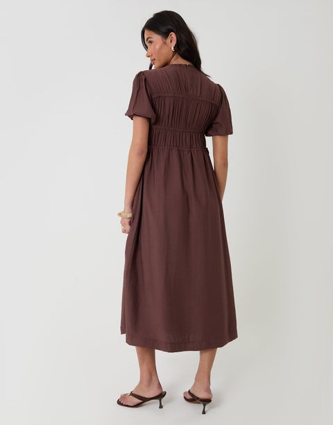 Ruched Drawstring Puff Sleeve Midi Dress in Chocolate Brown