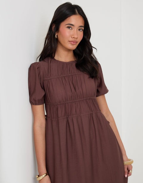 Ruched Drawstring Puff Sleeve Midi Dress in Chocolate Brown