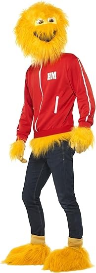 Honey Monster adult costume, yellow furry jumpsuit with character hood. Great for retro fancy dress