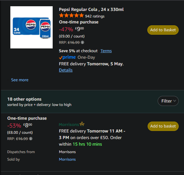 Pepsi Regular Cola , 24 x 330ml | Morrisons on Amazon only
