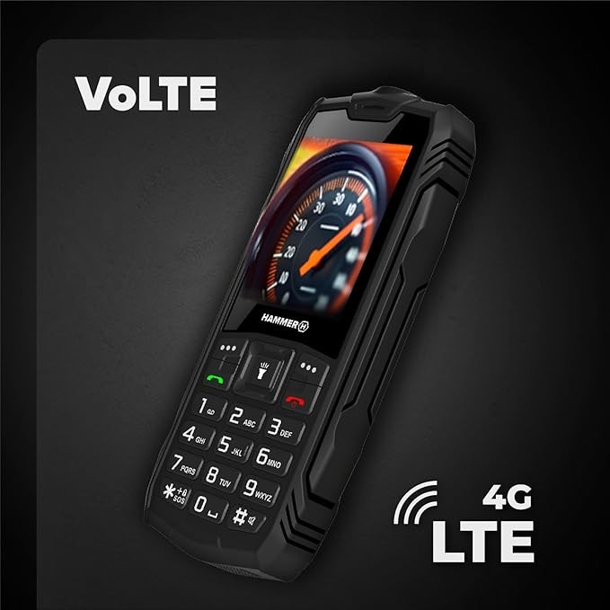 Hammer H Rock LTE Rugged Phone Unlocked, 3000mAh Battery, 64GB, 2.4" IPS Display, Big Buttons, SOS Button, Torch, FM Radio, Bluetooth, USB-C, Dual SIM, IP68/MIL-STD-810H, Black