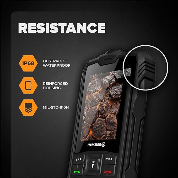 Hammer H Rock LTE Rugged Phone Unlocked, 3000mAh Battery, 64GB, 2.4" IPS Display, Big Buttons, SOS Button, Torch, FM Radio, Bluetooth, USB-C, Dual SIM, IP68/MIL-STD-810H, Black