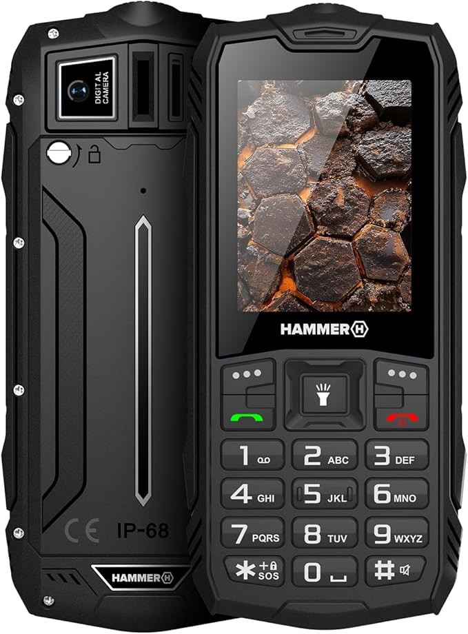 Hammer H Rock LTE Rugged Phone Unlocked, 3000mAh Battery, 64GB, 2.4" IPS Display, Big Buttons, SOS Button, Torch, FM Radio, Bluetooth, USB-C, Dual SIM, IP68/MIL-STD-810H, Black