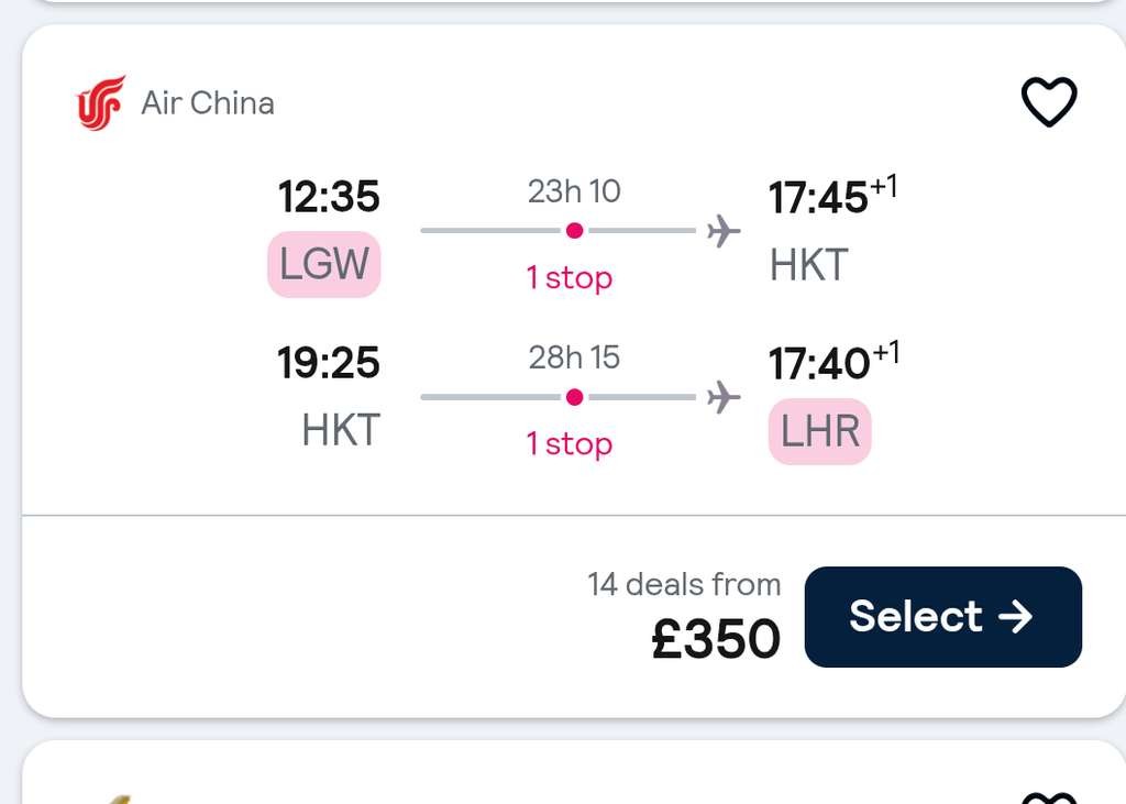 Air China return to Phuket, Thailand from London (LGW/LHR) via Beijing, Sep-Oct, checked bag