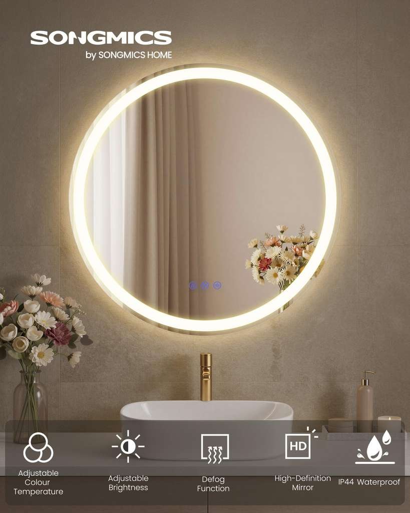 Songmics 51 cm Anti-Fog Bathroom Mirror with Adjustable LED Lights
