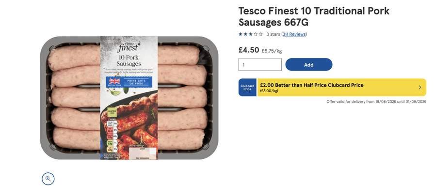 Tesco Finest 10 Traditional Pork Sausages 667g, Clubcard price