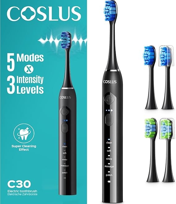 COSLUS C30 Sonic Electric Toothbrush for Adults, 5 Modes, 3 Intensity Levels, 2 Types of Brush Heads, 2 Hours Charge, Black