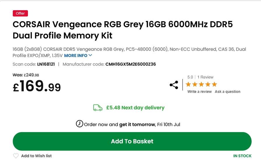 Corsair Vengeance RGB Grey 16GB 6000MHz DDR5 Dual Profile Memory Kit