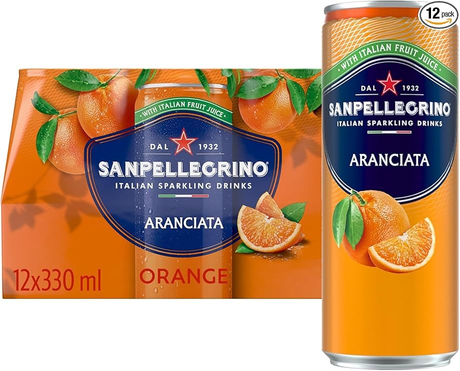 San Pellegrino Tastefully Light Sparkling Orange Canned Soft Drink, 12 x 330ml, 64 calories per can
