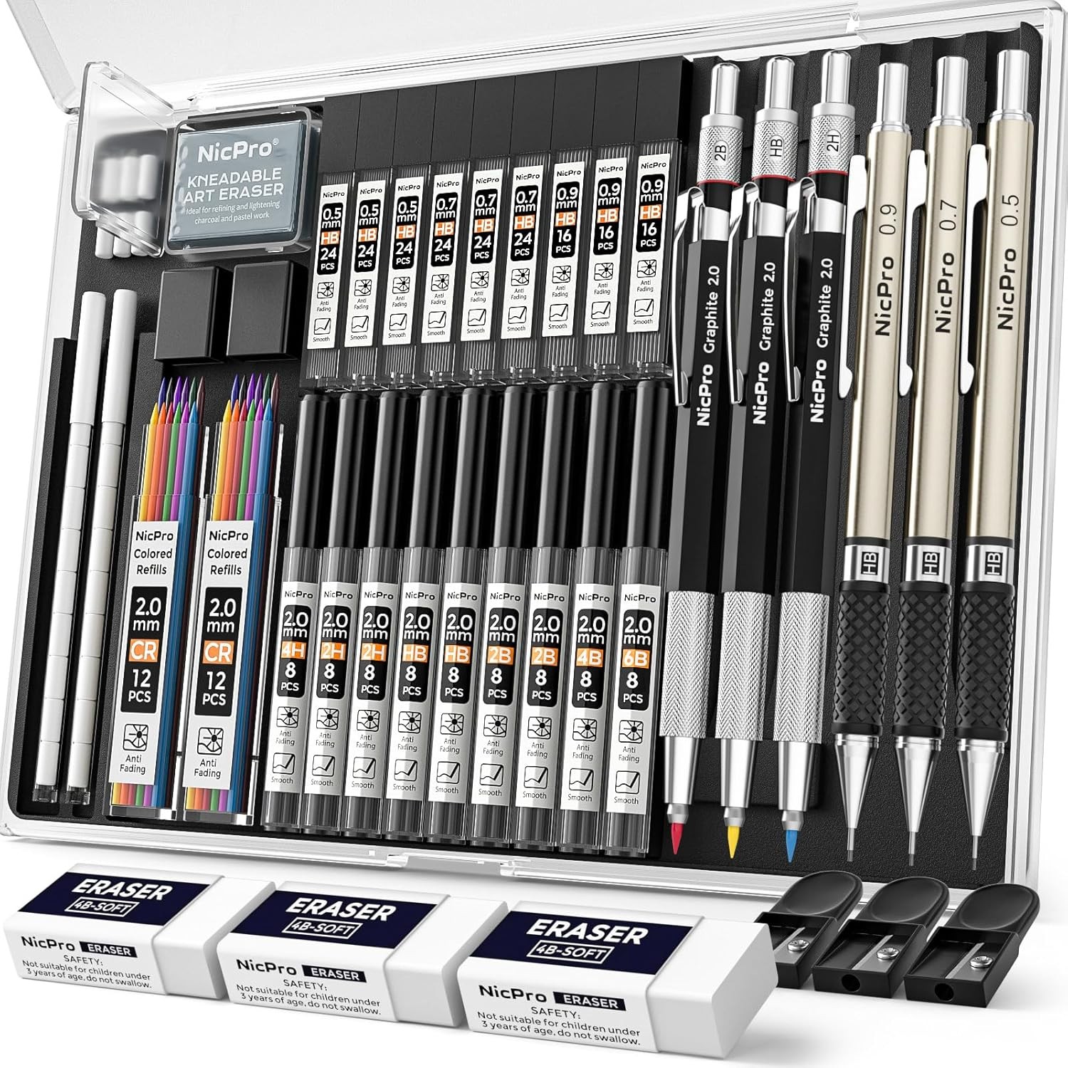 Nicpro 35 Piece Art Mechanical Pencil Set with 20 Tube Lead Refills and Case